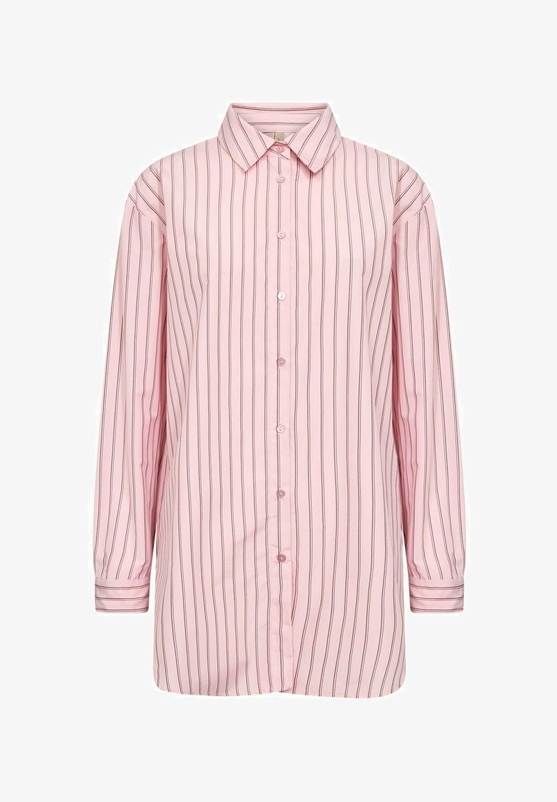 Roze overhemd met lange mouwen, knoopsluiting aan de voorkant, puntige kraag en verticale strepen in donkerder roze. Gemaakt van gladde stof met een ontspannen pasvorm.