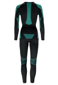 Black long-sleeve base layer set with turquoise accents. Features textured panels and body-mapping design for ergonomic fit.