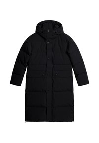 Vadderad svart jacka med huva, med en tryckknappsstängning, två framfickor och en stilren, rak silhuett.