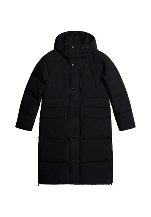 Podszewka czarna kurtka z kapturem, z zapięciem na napy, dwoma przednimi kieszeniami i elegancką, prostą sylwetką.