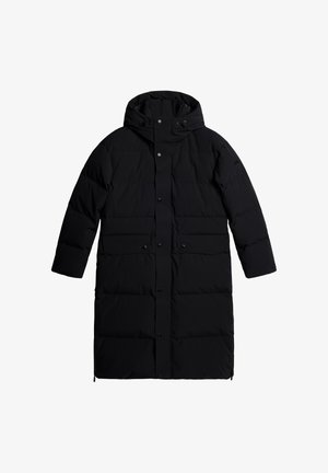 Manteau noir rembourré avec capuche, doté d'une fermeture à pression, de deux poches avant et d'une silhouette droite et élégante.