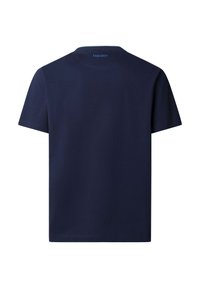 Camiseta de manga corta azul marino con cuello redondo, mostrando la vista trasera y un pequeño logo "HACKETT" cerca del cuello.