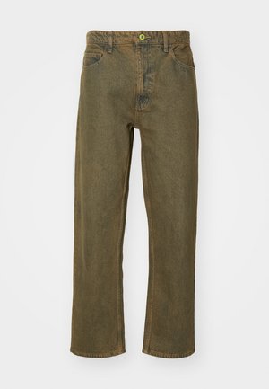 Olive green jeans with a straight cut, five pockets, and a button closure featuring a round yellow accent on the waistband.
