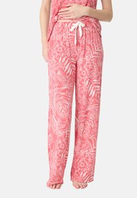 Lätta, rosa pyjamasbyxor med vita blommor och bladmönster, elastisk midja med dragsko, lös passform och bred ben design.