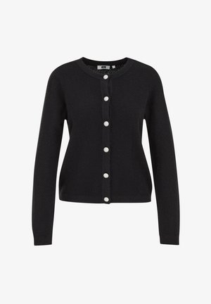 Melnas adītas kardigānas ar apaļu dekoltē, garām piedurknēm un astoņām apaļām pērļu līdzīgām pogām priekšpusē. Strukturēta auduma, pieguļošs dizains.