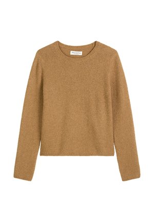 Knit sweater in a warm camel color. Features a crew neckline and long sleeves. Textured, soft fabric with a relaxed fit and no patterns.