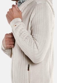 Cream knit hoodie with ribbed texture, zippered side pocket, and accent detail on the sleeve. Soft fabric and casual design.