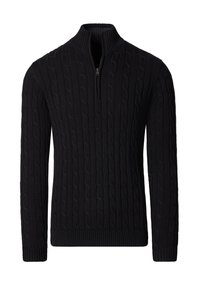 Czarny dziergany sweter z wysokim kołnierzem i zapięciem na zamek. Charakteryzuje się strukturą w warkocz i ściągaczami na mankietach oraz dole dla dopasowanego kroju.