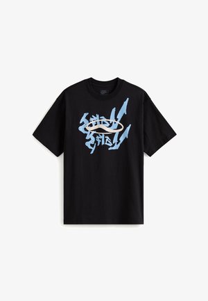 T-shirt di cotone nera con audaci grafiche blu e un elemento ovale centrale, maniche corte e collo rotondo.