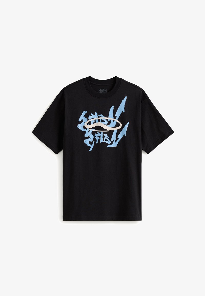 Black cotton t-shirt featuring bold blue graphic designs and a central oval element, short sleeves, and a crew neck.