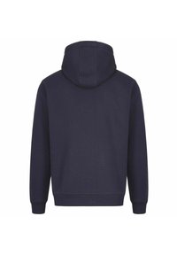 Felpa con cappuccio navy in un tessuto liscio e testurizzato, maniche lunghe e polsini e orlo a costine. La vista da dietro mostra un design semplice e classico.