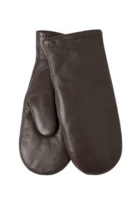 Mittens in pelle marrone con una texture liscia e una forma arrotondata, progettate con un unico scomparto per le dita e un polsino alto.
