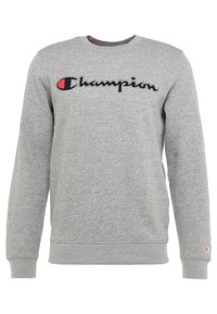 Grauer Sweatshirt aus Baumwollmischung, mit Rundhalsausschnitt, langen Ärmeln und einem schwarzen "Champion"-Logo mit rotem Akzent auf der Brust.