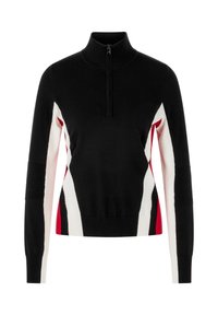 Schwarzer Strickpullover mit hohem Kragen, der markante Farbfeldpaneele in Rot und Weiß sowie eine gerippte Textur an den Ärmeln aufweist.