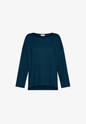 Haut à manches longues en bleu sarcelle, fabriqué en tissu doux. Il présente un col rond et une coupe ample avec des épaules légèrement tombantes.