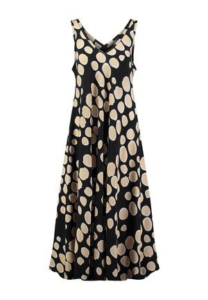 Ärmelloses schwarzes Kleid mit beigefarbenen unregelmäßigen großen Polka-Dots und V-Ausschnitt, das bis zur Mitte der Wade fällt und eine fließende Silhouette hat.