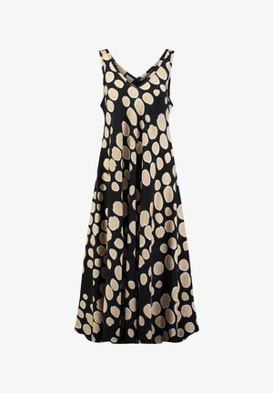 Ärmelloses schwarzes Kleid mit beigefarbenen unregelmäßigen großen Polka-Dots und V-Ausschnitt, das bis zur Mitte der Wade fällt und eine fließende Silhouette hat.