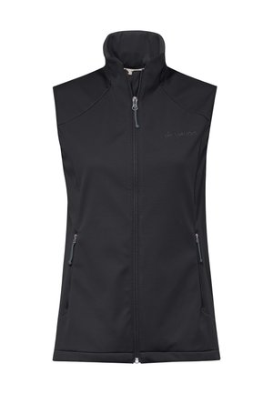 Gilet smanicato nero in softshell con colletto alto, zip frontale, due tasche laterali con zip e piccolo logo sul petto a sinistra.