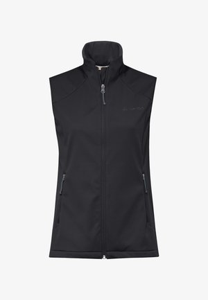 Gilet smanicato nero in softshell con colletto alto, zip frontale, due tasche laterali con zip e piccolo logo sul petto a sinistra.