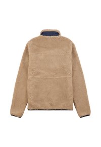 Tan fleece pullover with textured fabric, high collar, and navy trim along the bottom and cuffs. Features a relaxed fit and seamless back.