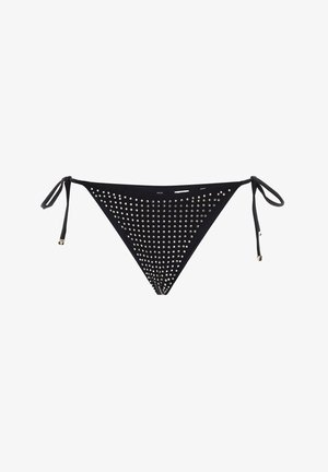 Zwarte bikini onderkant van stof met een driehoekige vorm, versierd met zilveren studs en met strikjes aan de zijkanten voor een verstelbare pasvorm.