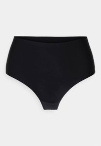 High-waisted black brief made of smooth fabric. Features a seamless design with a soft waistline and rounded leg openings.