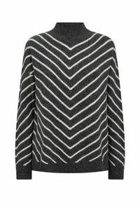 Pull en charbon à col monté avec des rayures en chevrons blanches. Texture douce, manches longues et coupe décontractée. Encolure épurée et design minimaliste.