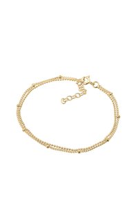 Braccialetto in oro con due fili di piccole perle rotonde e maglie lisce; dotato di chiusura a moschettone e lunghezza regolabile con catena di estensione.