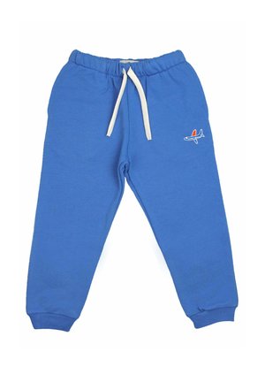 Blauwe kinderpantalon met witte trekkoord en kleine vliegtuiggrafiek op linker dij, elastische boorden en tailleband.