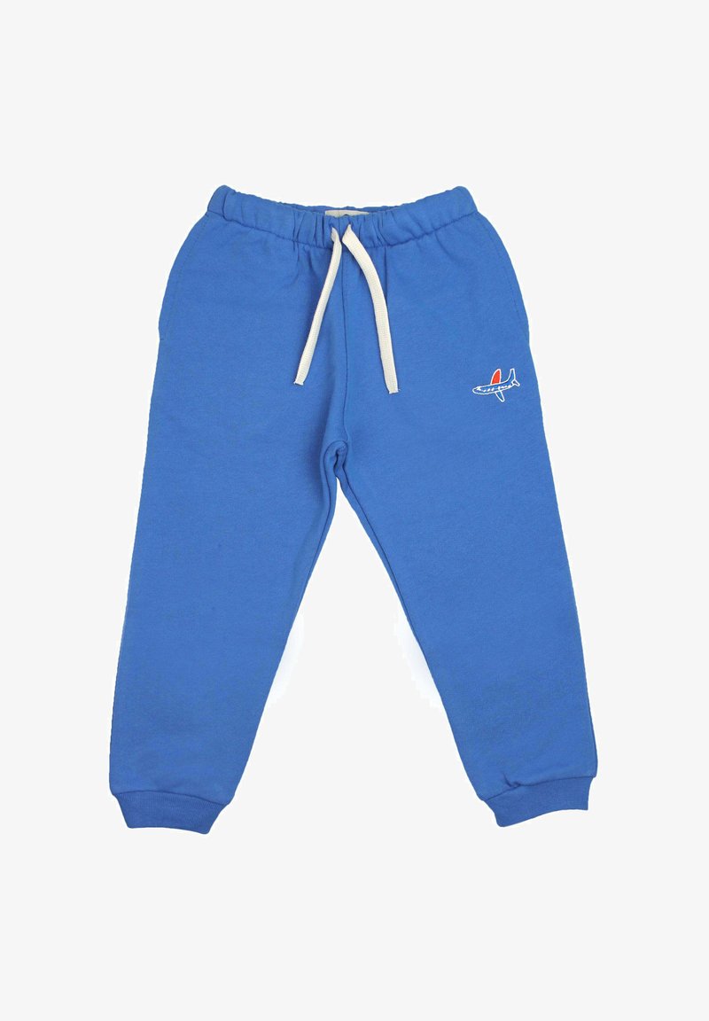 Blaue Kinder-Sweathose mit weißem Kordelzug und kleinem Flugzeug-Motiv auf dem linken Oberschenkel, elastischen Bündchen und Bund.