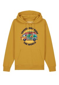 Geel hoodie met een graphic van een retro bus met surfplanken. Tekst luidt "REIS EN SURF DE WERELD." Inclusief een voorzak.