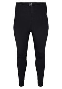 Schwarze aktive Leggings mit enganliegendem Design, hergestellt aus dehnbarem Material. Verfügt über eine glatte Textur und einen hohen Bund für Komfort.