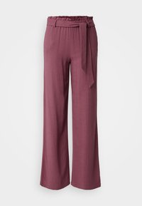 Pantalon à jambes larges en tissu mauve foncé avec une finition texturée. Doté d'une taille haute froncée et d'une ceinture à nouer assortie.