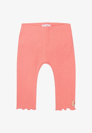 Leggings rosa a coste con orlo scallop, dotati di un piccolo tag con logo in basso a destra. Realizzati in materiale morbido e elasticizzato.