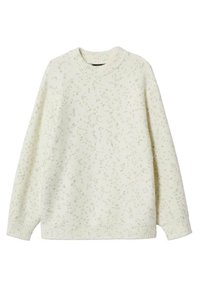 Pull en maille couleur crème avec un motif gris tacheté subtil, col rond côtelé, poignets et ourlet côtelés.