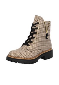 Bottines à carreaux marron et beige avec lacets noirs, détail de fermeture éclair doré et semelle épaisse noire. Présente des accents cousus et un tissu texturé.