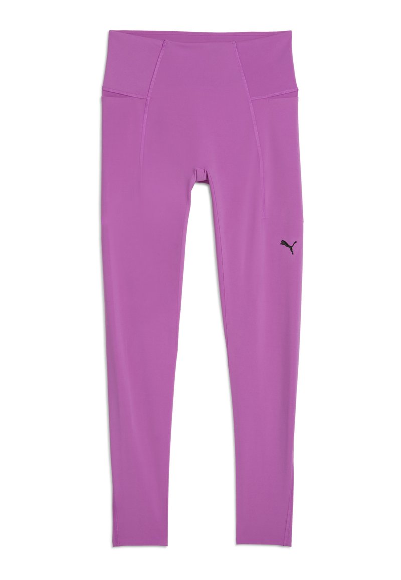 Leggings sportivi viola realizzati in tessuto elasticizzato, con un'alta vita e un logo nero di lato. Texture liscia, design aderente.