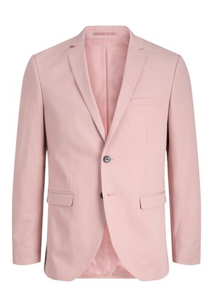 Blazer rosa chiaro realizzato in tessuto lucido, caratterizzato da un design a un solo petto, con rever a scelta, una tasca sul petto e due tasche frontali.