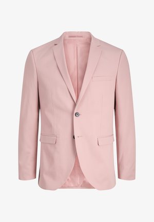 Kerge roosa bleiser, mis on valmistatud siledast kangast, omadustega ühe nööbiga disain, sälk-lapellid, rinna-tasku ja kaks esist taskut.