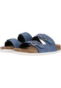Blaue Ledersandalen mit zwei verstellbaren Riemen, Korkfußbett und weißer Gummisohle. Verfügt über silberfarbene Schnallen zur Anpassung.