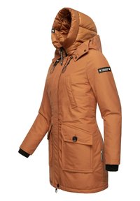 Orange insulated jacket with a high collar, a detachable hood, front pockets, and elastic cuffs. Features logo accents on the sleeve.