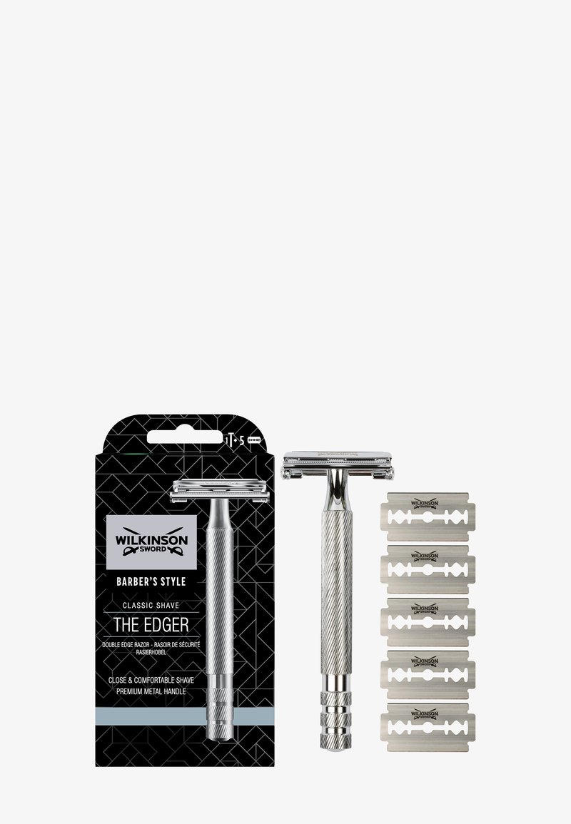 Wilkinson Sword doppelschneidiger Rasierer mit strukturiertem Metallgriff, verpackt mit sechs Klingen aus rostfreiem Stahl, die geometrische Designelemente aufweisen.