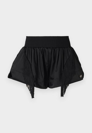 Jupe noire avec un design froncé, dotée de détails en franges sur les côtés et d'une taille élastique texturée. Petit logo en métal.