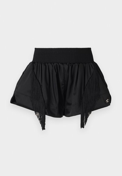 Gonna nera con design arricciato, caratterizzata da dettagli in frange ai lati e una cintura elastica testurizzata. Piccolo logo metallico accentato.
