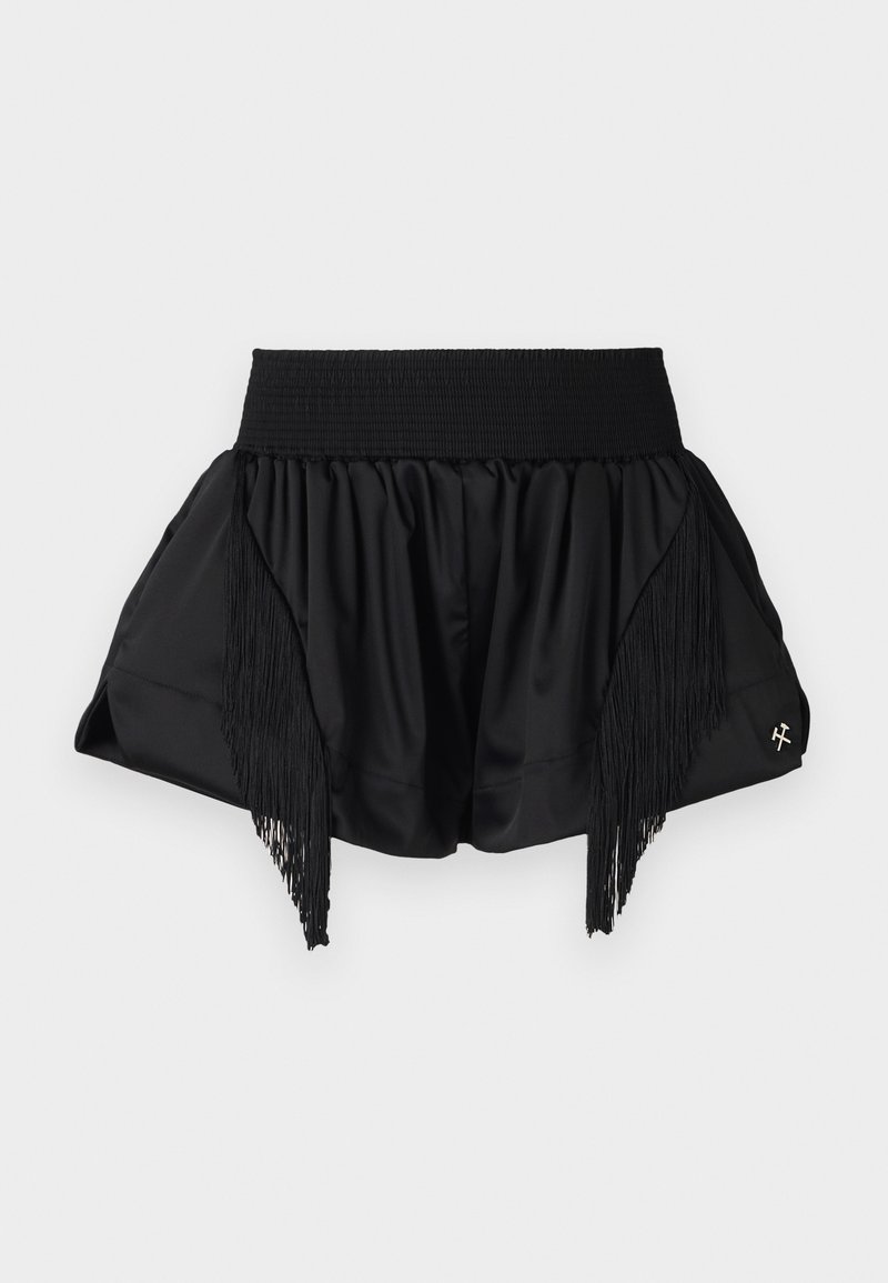 Sort nederdel med et samlet design, der har frynseelementer i siderne og en struktureret elastisk talje. Lille metallisk logo.