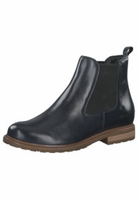 Bottes Chelsea en cuir noir avec panneau latéral élastique, bout arrondi, petit talon en bois et surface texturée. Conviennent pour un style décontracté.