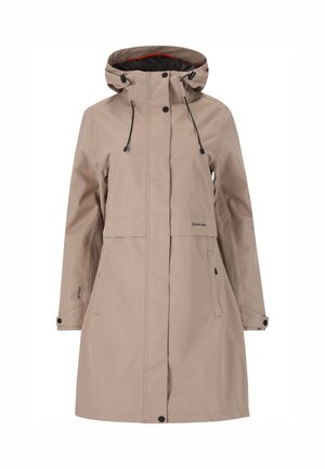 Beige vandafvisende jakke med hætte, justerbare snore og trykknapper. To frontlommer og diskret brandlogo detalje.