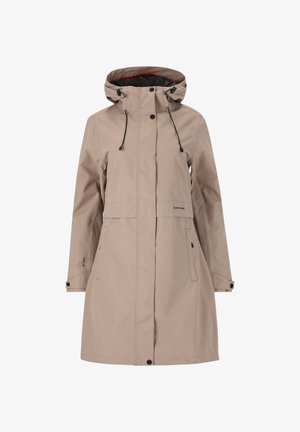 Beige vandafvisende jakke med hætte, justerbare snore og trykknapper. To frontlommer og diskret brandlogo detalje.
