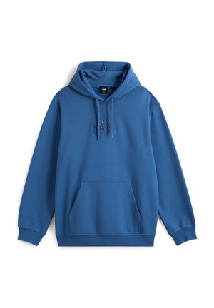 Blauwe hoodie gemaakt van zacht materiaal, met een voorste kangoeroezak en een geborduurd logo op de borst. Ribgebreide manchetten en zoom.