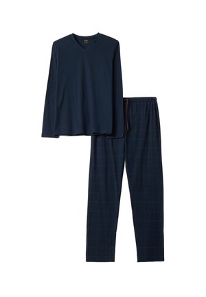 Navy blue long-sleeve V-neck top with matching navy checkered pants featuring an elastic waistband and drawstring.